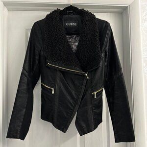 Guess Faux Leather Lined Moto Jacket with Faux Fur Trim Size XS in Black